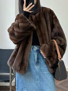 Solid Drop Shoulder Open Front Fuzzy Coat