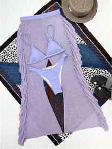 SHEIN Swim Summer Beach Sheer Mesh Bikini Set Triangle Bra & High Cut Bottom & Ruffle Trim Cover Up Pants 3 Piece Bathing Suit - Lilac Purple - View 7