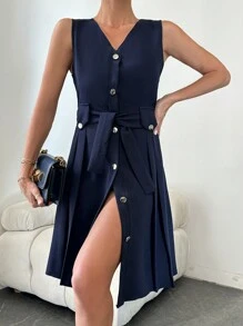EURMUSE 女款無袖v領開衩連身裙 - 藏蓝色 - 查看 5