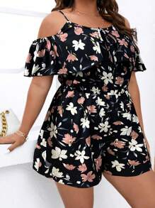 SHEIN Clasi Mono de verano con estampado floral completo, tirantes y volantes en el bajo para tallas grandes
