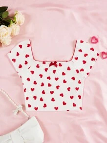 SHEIN EZwear 女款心形印花襪口短袖t卹 - 彩色 - 查看 1