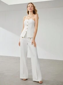 SHEIN x PRISCILA & JIMENA MOTF PREMIUM 抹胸鈕扣抹胸上衣 - 白色 - 查看 7