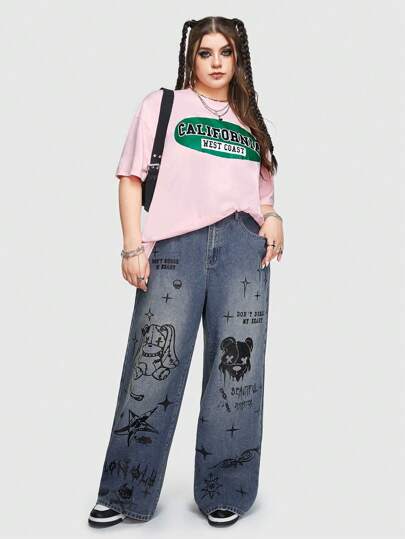 Street Life Plus Size Street Style Cool Letter Print T-Shirt