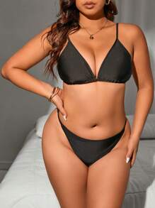 SHEIN Swim Curve 大码女式纯色露背领镂空泳衣套装，4 件套夏季 - 黑色 - 查看 4