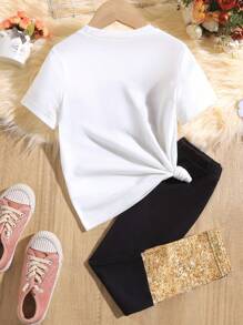 SHEIN Young Girls' Letter & Portrait Printed Short Sleeve T-Shirt And Leggings Set