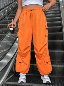 SHEIN Coolane Pantalones De Talla Grande Con Cintura De Cordón Y Bolsillos Para Mujer - Naranja - Ver 6