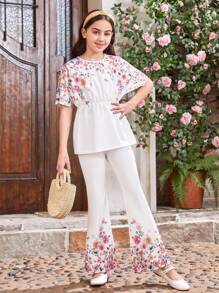 SHEIN Tween Girl Round Neck Back Button Droplets Batwing Short Sleeve Shirt & Flared Pants Set With Fruit Pattern And Matching Mommy And Me Outfits (Two Sets Sold Separately) - White - View 1