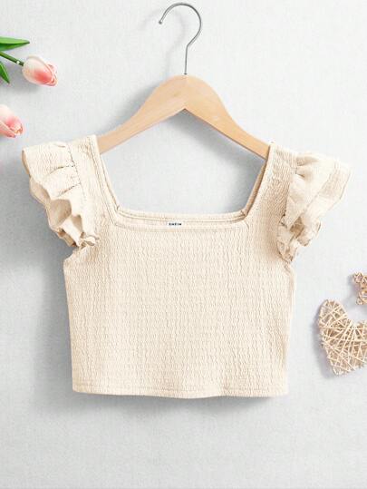 SHEIN Tween Girls' Solid Color Square Neck Cropped T-Shirt With Ruffle Hem For Vacation