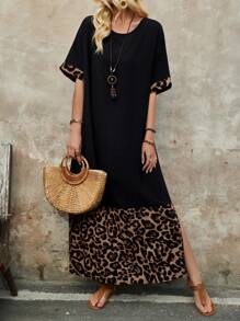 Rusticease Vestido largo de verano con cuello redondo y estampado de leopardo en patchwork para mujer - Multicolor - Ver 3