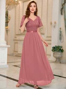 MIUSOL Contrast Sequin Lace Sweetheart Neck Flounce Sleeve Evening Party Long Dress Elegant Formal Prom Wedding Guest Gown, For Graduation, Dinner