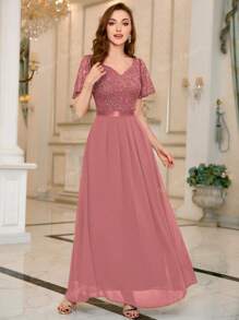 MIUSOL Contrast Sequin Lace Sweetheart Neck Flounce Sleeve Evening Party Long Dress Elegant Formal Prom Wedding Guest Gown, For Graduation, Dinner