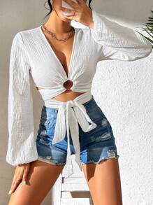 SHEIN Unity Camisa De Mujeres Con Nudo En Frente, Cuello En V Profundo Y Dobladillo Con Nudo - Blanco - Ver 1