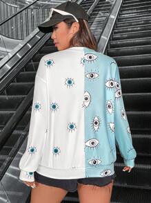 Flirla Áo nỉ cổ tròn in họa tiết mắt phối màu dành cho nữ cỡ lớn, thích hợp cho mùa thu. - Nhiều màu - Xem 3