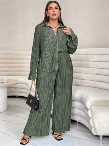 SHEIN Essnce Kích thước lớn Màu thuần Xếp li Giải trí 2 mảnh Bộ - Màu xanh Ô liu - Xem 1
