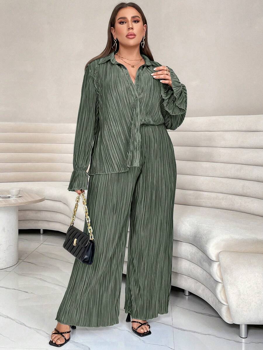 SHEIN Essnce Kích thước lớn Màu thuần Xếp li Giải trí 2 mảnh Bộ - Màu xanh Ô liu - Xem 1