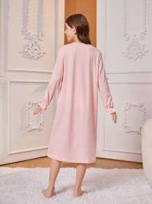 Tween Girl Simple Pink Cute Long Sleeve Long Lace-Bordered Sleep Dress With One Piece Home Wear