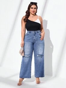 SHEIN Essnce Plus Ripped Wide Leg Jeans - Medium Wash - View 5