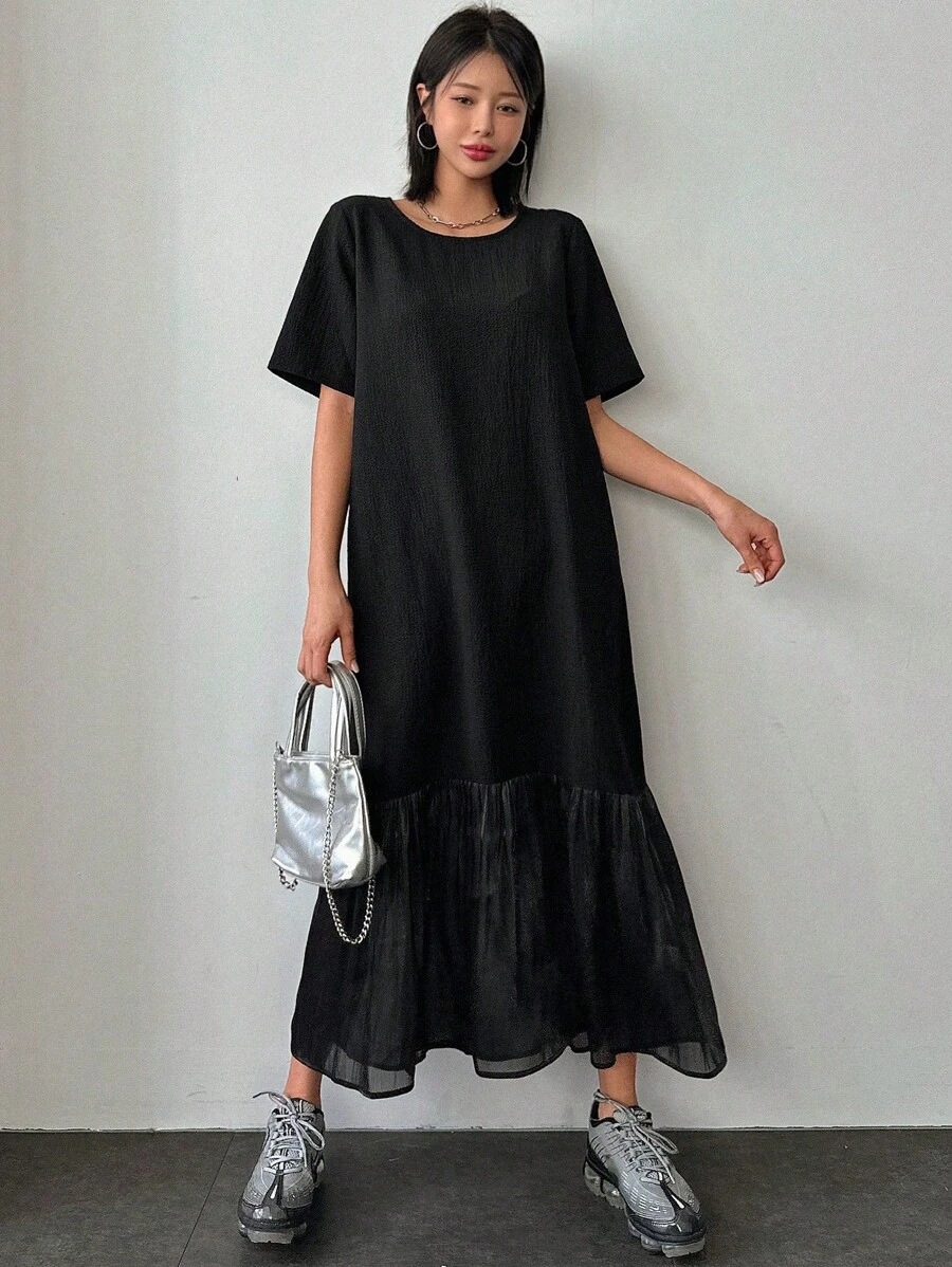 DAZY Short Sleeve Round Neck Ruffle Hem Dress Sundress - Black - View 1