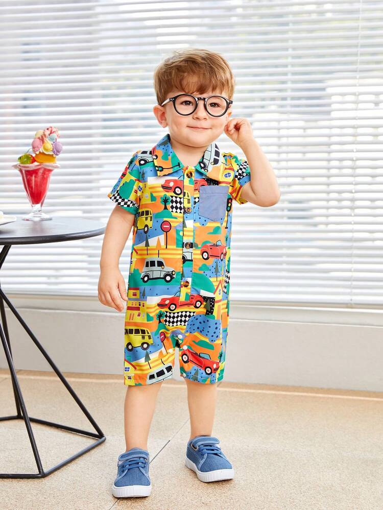 Baby Boys' Casual Colorful Car Pattern Printed Romper With Turn-Down Collar, Suitable For Spring/Summer Outdoor