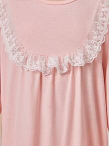 Tween Girl Simple Pink Cute Long Sleeve Long Lace-Bordered Sleep Dress With One Piece Home Wear