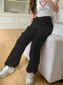 DAZY Pantalones largos informales de negocios de color liso con cordón en la cintura - Negro - Ver 2