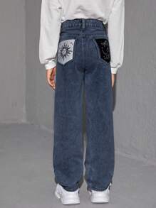 SHEIN Tween Girl'S Sun Face Print Denim Pants - Dark Wash - View 1