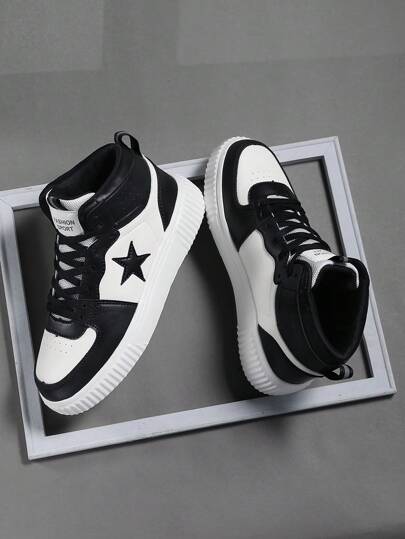 Men Shoes Black White Casual Sneakers, Lace Up Soft Sole Flat Comfortable Skate Shoes For Men, Lightweight High-Top Daily Shoes