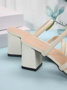 Spring/Summer White French High Heels Sandals, Minimalist Square Toe Design, Faux Leather, Suitable For Walking, Dating, Gatherings, Parties, Work - Beige - View 8