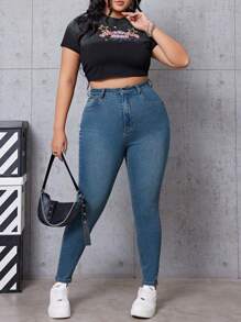 CovetEZ 大尺碼水洗修身牛仔褲 - 中等水洗藍 - 查看 1