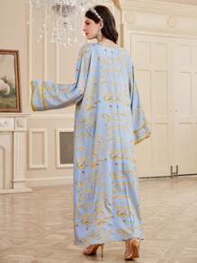 Al Najma Áo sơ mi dài Thổ Nhĩ Kỳ in họa tiết cổ chữ V Jalabiya cho nữ có tay loe, váy dự tiệc tối thanh lịch - Màu xanh lam - Xem 2