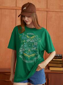 HARRY POTTER X SHEIN 卡通印花垂肩t恤 - 墨綠色 - 查看 6