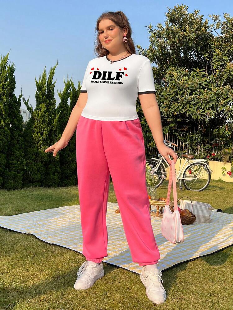 SHEIN Qutie Áo thun cổ tròn tay ngắn in khẩu hiệu cá nhân DILF DAMN I LOVE FASHION cỡ lớn, dáng ôm, tương phản - trắng - Xem 3