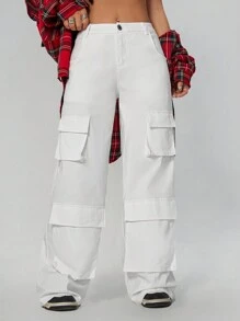 SHEIN EZwear 女士纯色多口袋宽腿宽松休闲工装裤 - 灰色 - 查看 7