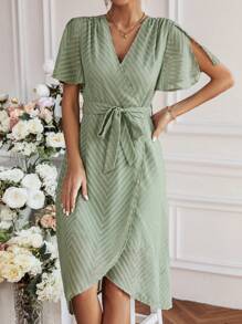 SHEIN Clasi Women's Solid Color V-Neck Split Sleeve Dress - Green - View 5