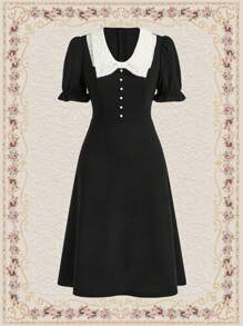 Vintamour 女士拼色翻领泡泡袖连衣裙演唱会夏季女士带袖连衣裙复古衣服黑色春季连衣裙 - 黑與白 - 查看 2