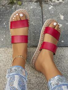 女士加大碼平底涼鞋，紅色露趾拖鞋，適用於日常穿著或海灘度假，歐洲尺寸 35-43 - 紅色 - 查看 4