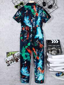SHEIN 1pc Tween Boys' Graffiti Print Collar & Front Button Jumpsuit Spring/Summer - Multicolor - View 2