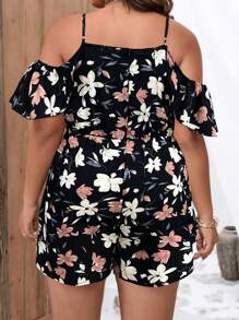 SHEIN Clasi Mono de verano con estampado floral completo, tirantes y volantes en el bajo para tallas grandes