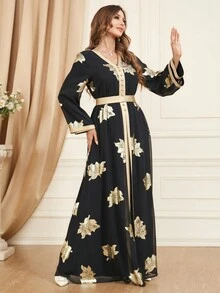 Ladies' Arabian Chiffon Dress With Golden Print, 2pcs/Set Modest Long Sleeve Kaftan Arabian Dress Spring Vacation Black - Black - View 4