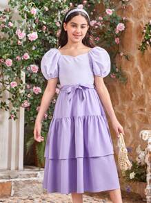 SHEIN Camisa con cuello corazón y mangas abullonadas a rayas, con cinturón desmontable y falda con volantes a juego para niña preadolescente (se venden por separado 2 conjuntos a juego mamá e hija)