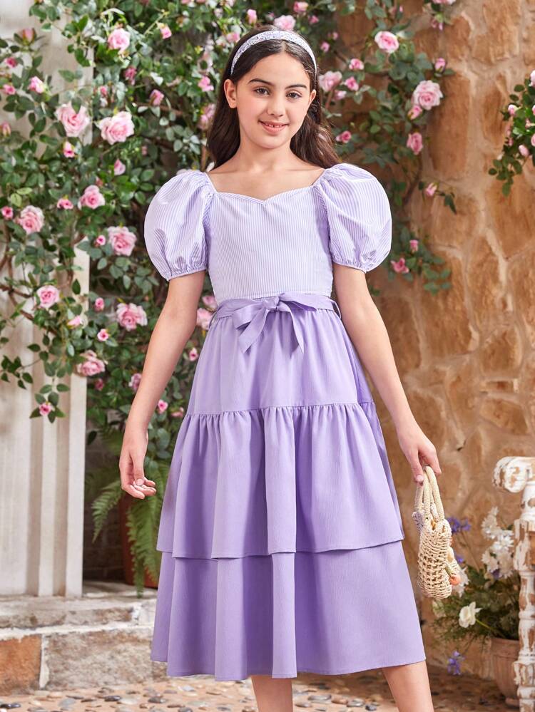 Tween Girl Striped Sweetheart Neck Puff Sleeve Shirt With Detachable Belt And Layered Skirt Matching Mommy And Me Outfits (2 Sets Sold Separately)