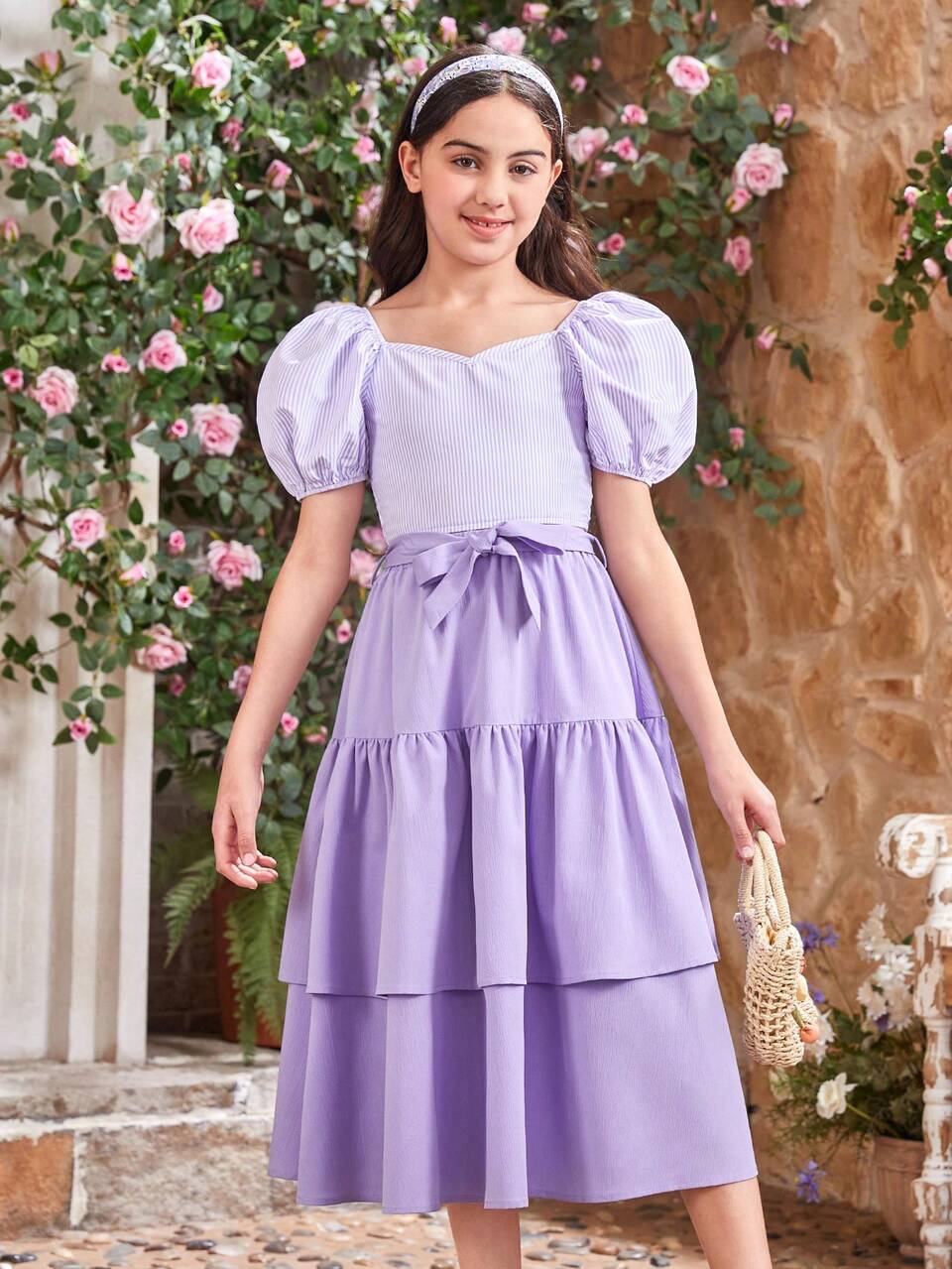 Tween Girl Striped Sweetheart Neck Puff Sleeve Shirt With Detachable Belt And Layered Skirt Matching Mommy And Me Outfits (2 Sets Sold Separately)