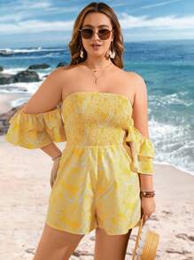 SHEIN VCAY Macacão Plus Size Com Estampa Tropical E Babados Para Férias De Verão - Multicolorido - Visão 3