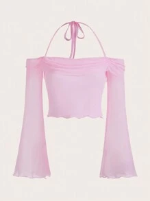 SHEIN ICON 素色褶邊繞頸喇叭袖木耳邊網紗上衣 - 粉色 - 查看 1