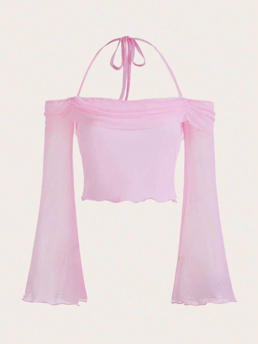 SHEIN ICON 素色褶邊繞頸喇叭袖木耳邊網紗上衣 - 粉色 - 查看 1