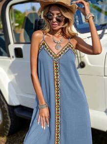 EMERY ROSE Women's Geometric Mixed Tape Spaghetti Strap Dress - Dusty Blue - View 3