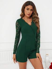 SHEIN Clasi 女士v領蕾絲拼接連身短褲 - 墨綠色 - 查看 3