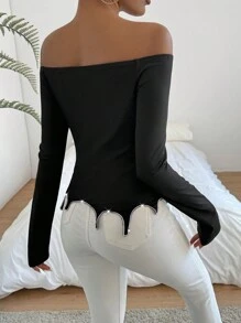SHEIN Privé 女款熱鑽細節露肩修身長袖 T 卹 - 黑色 - 查看 4