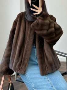 Solid Drop Shoulder Open Front Fuzzy Coat