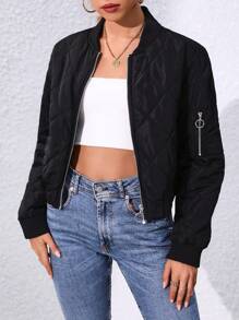 SHEIN Unity Women's Solid Color Bomber Collar Cropped Padded Padded Coat Clothes Winter - Black - View 3